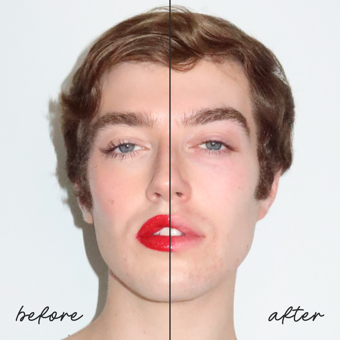Before and after comparison of a person with red lipstick on a white background