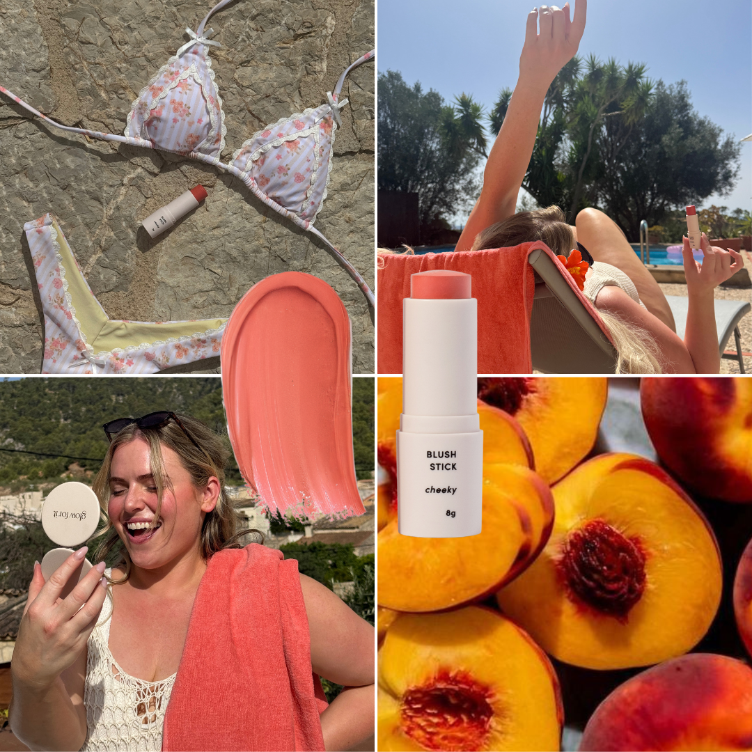 Collage of a woman applying makeup, a blush stick, and peaches.