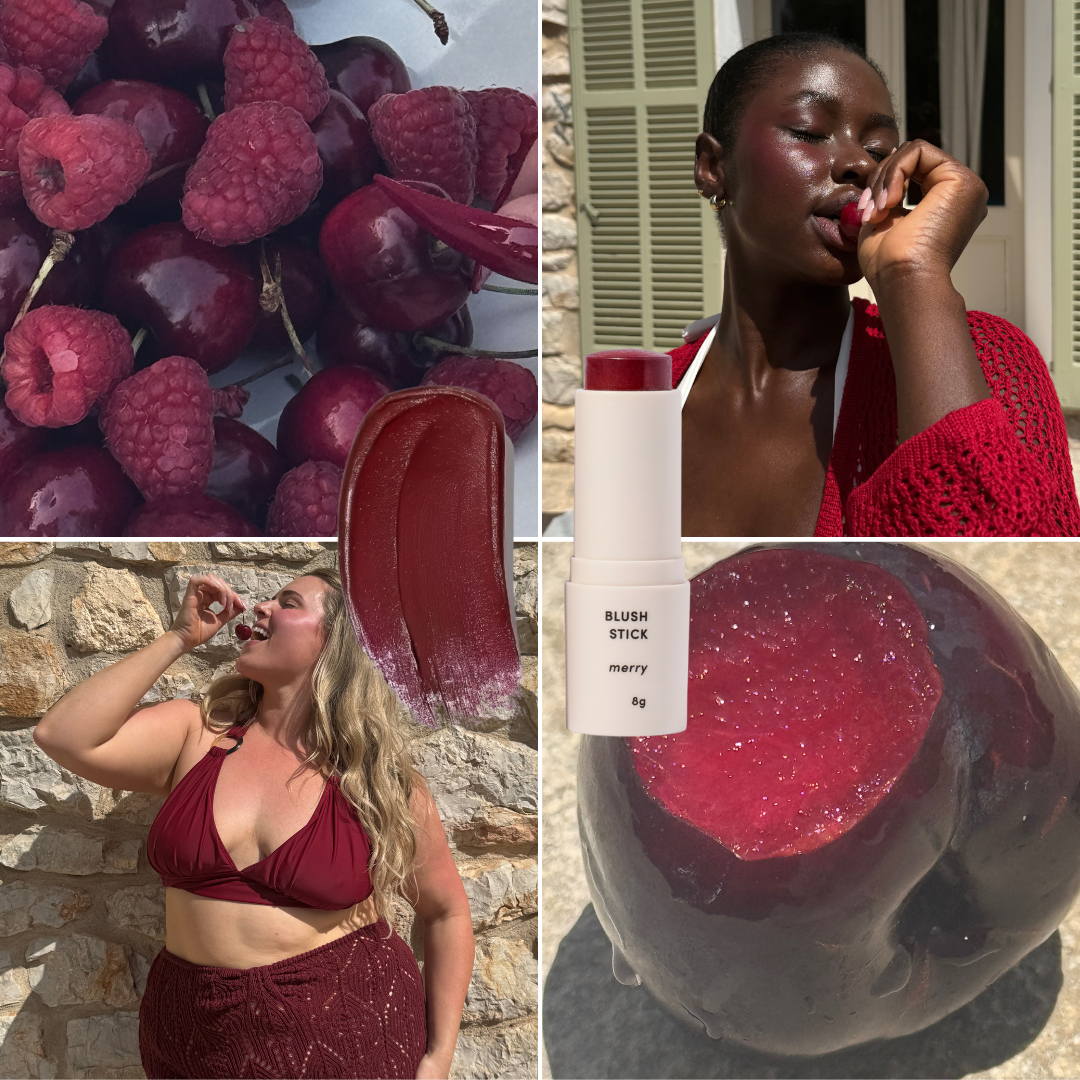 Collage of images featuring red berries, a woman with red lipstick, a woman in a red outfit, and a red blush stick.
