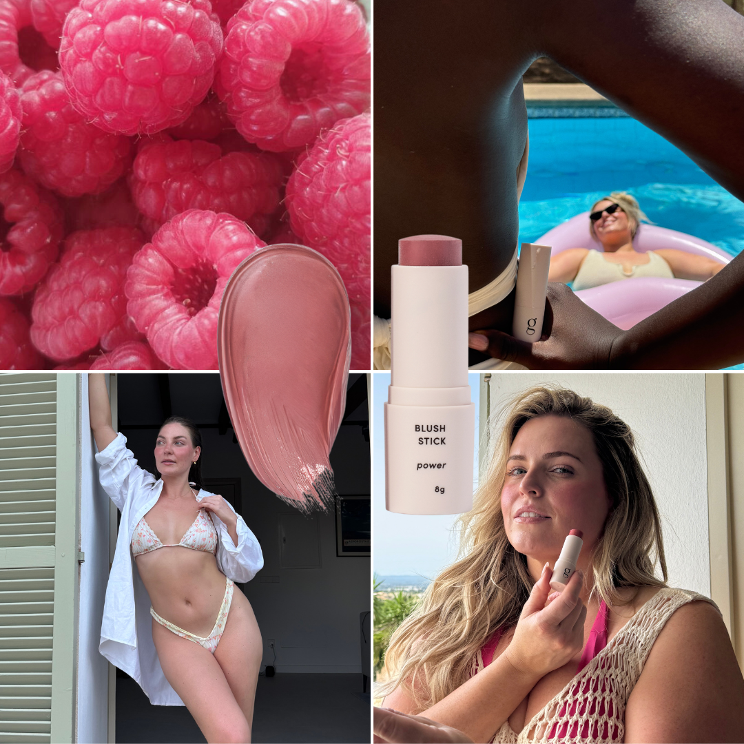 Collage of images including raspberries, a blush stick, and people in various settings.