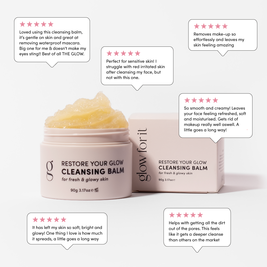 Cleansing balm with product packaging and customer reviews on a white background