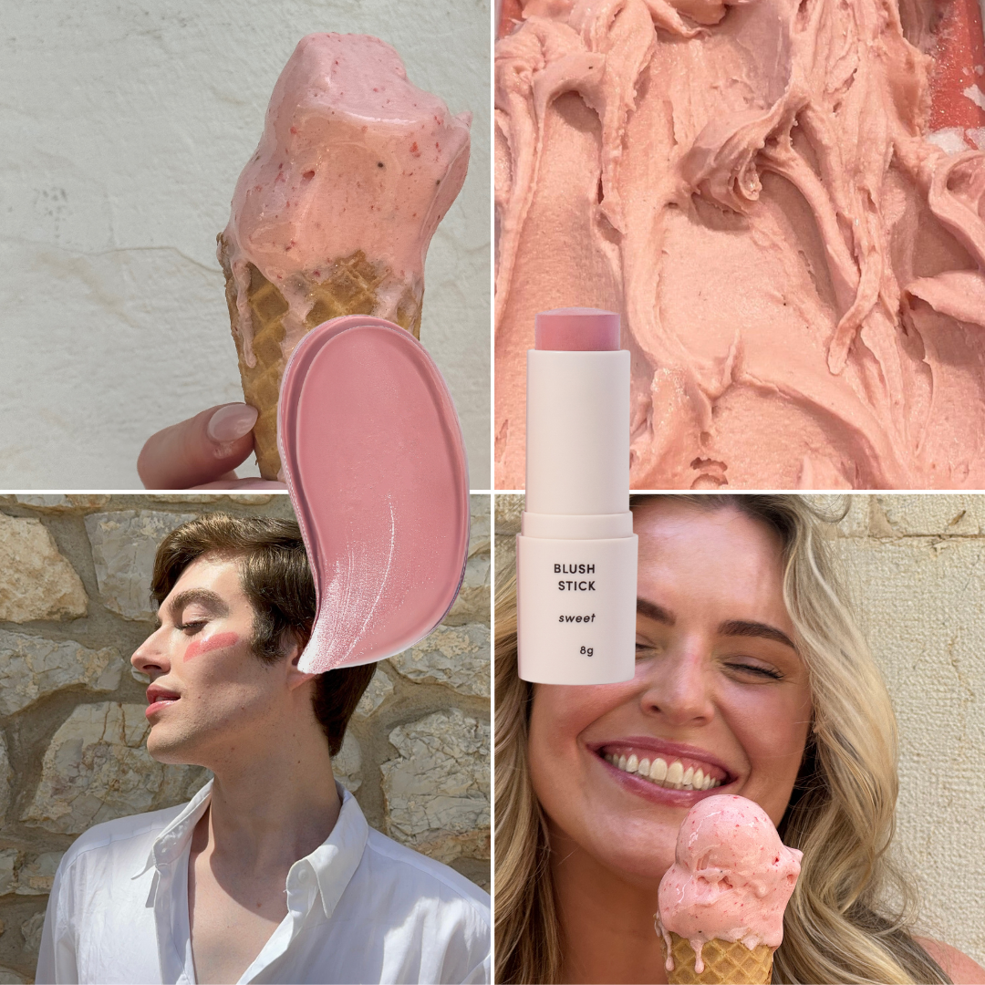 Collage of a blush stick, close-up of pink ice cream, and people using the blush stick.