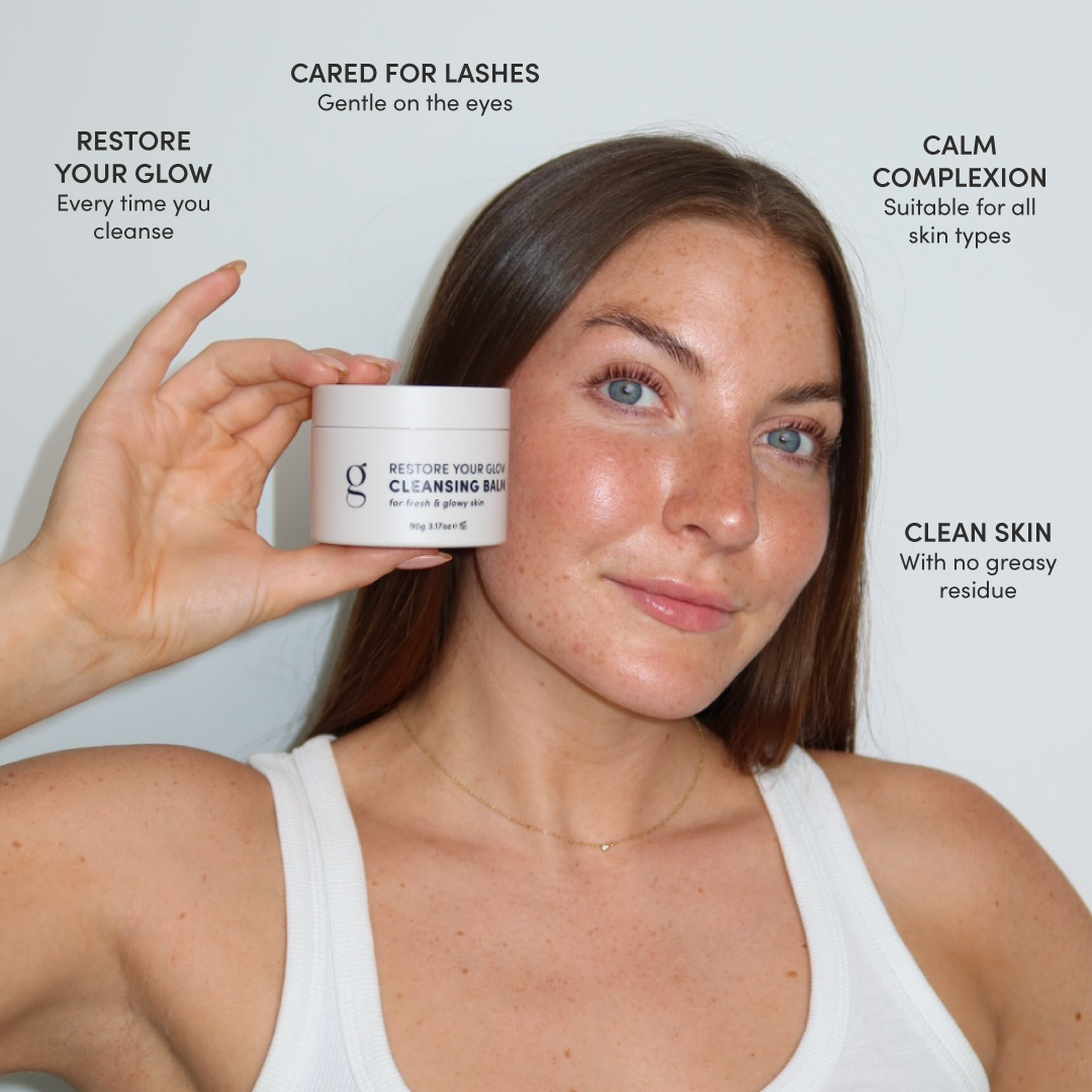 Woman holding a skincare product with text highlighting product benefits on a light gray background