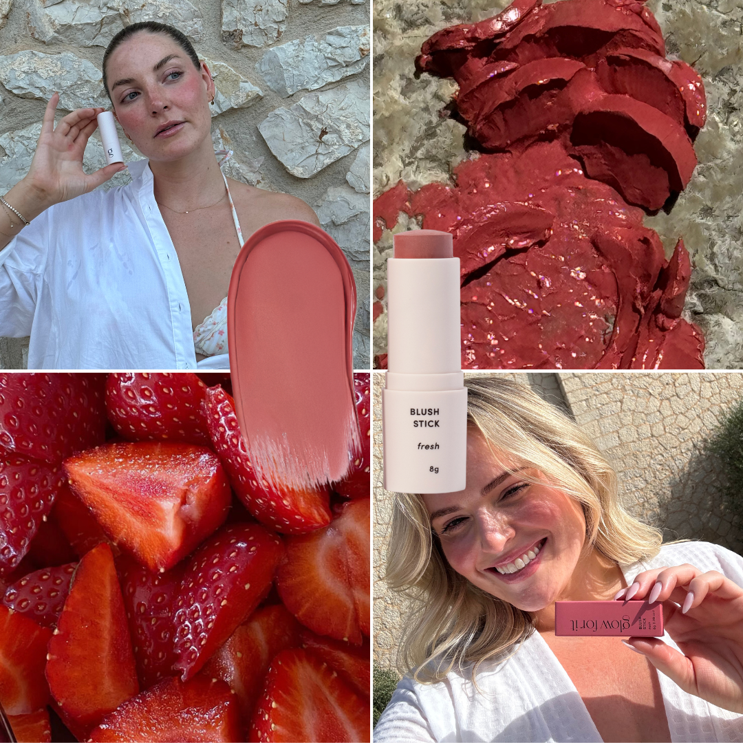 Collage of a woman using a blush stick, close-up of the stick, strawberries, and another woman with the blush stick.