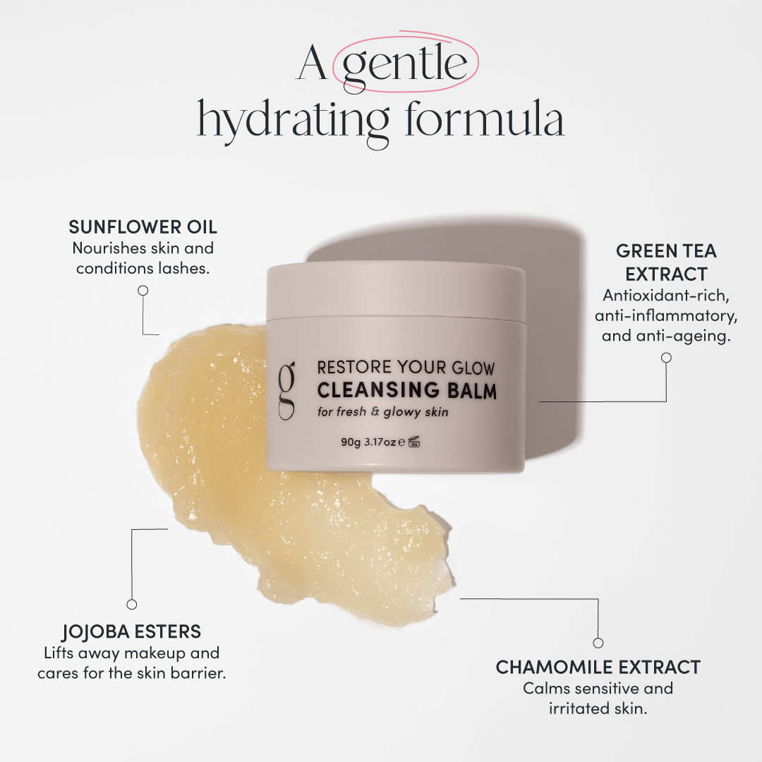 Cleansing balm with ingredients listed on a white background