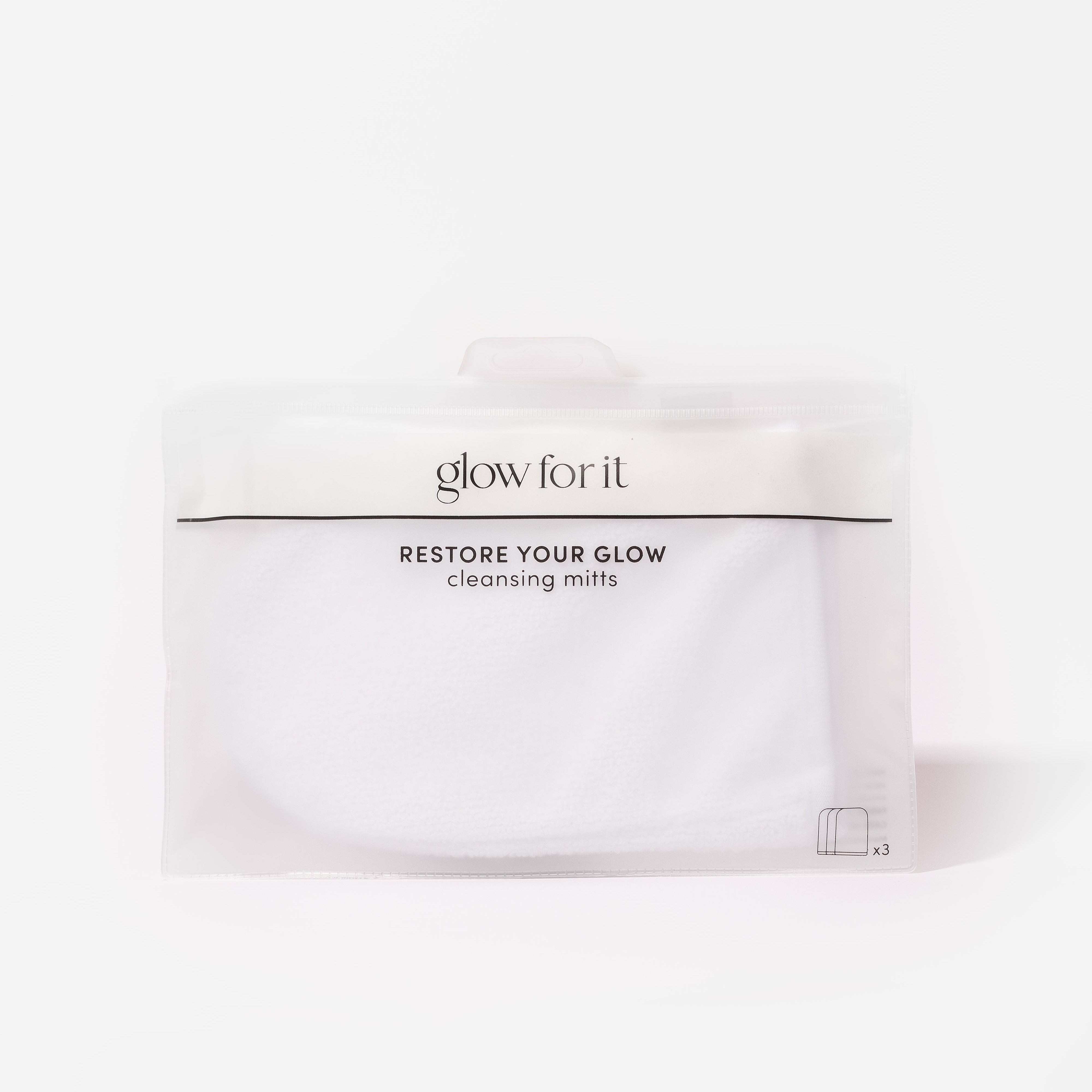 Pack of 'Glow for It' cleansing mitts on a white background